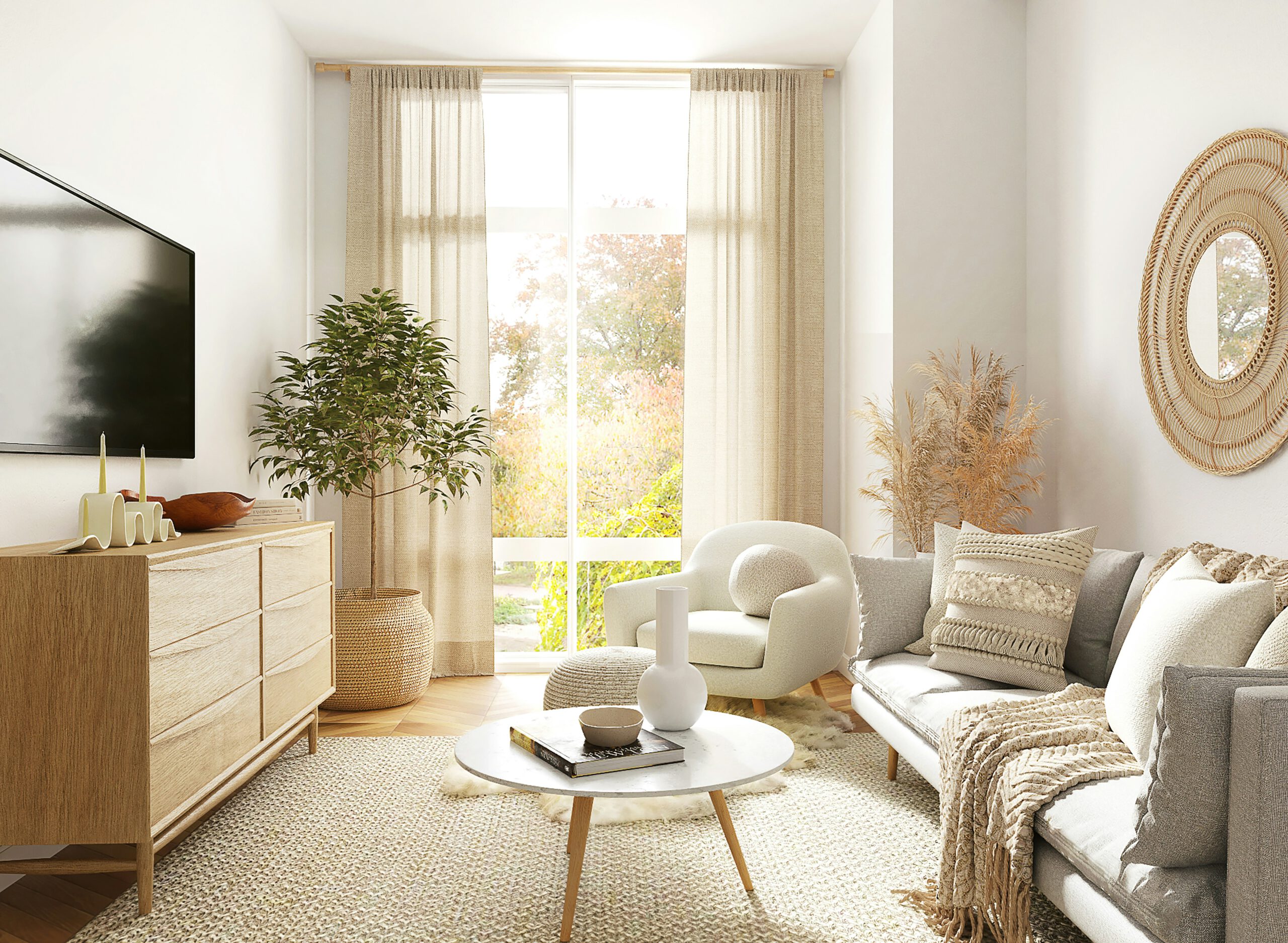 Wohnzimmer- gestaltung in hellen Wandtönen im cozy Skandi- Stil